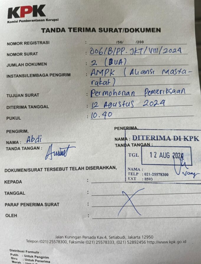 AMPK Resmi Layangkan SPPT Delapan Direksi PT TBP Harita Group Ke KPK