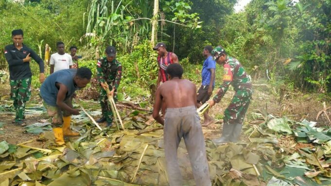 Danramil 1710-06/Agimuga Membantu Kelancaran Acara Adat Bakar Batu Dalam Acara Kedukaan Warga Yang Meninggal Dunia
