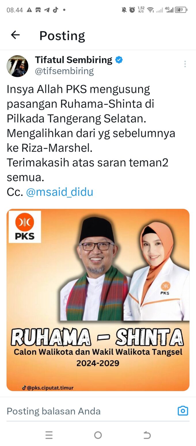 Setelah di Hujat Netizen, PKS Akhirnya Usung Ruhama-Shinta di Pilkada Tangsel