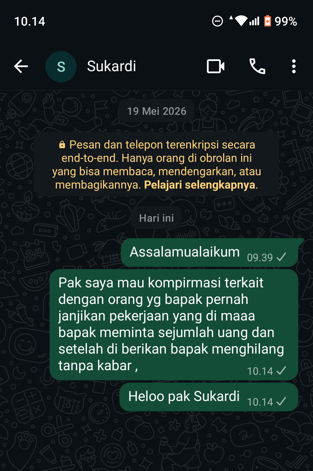 Screenshot wa wartawan dengan terduga Sukardi,/foto. Istimewa